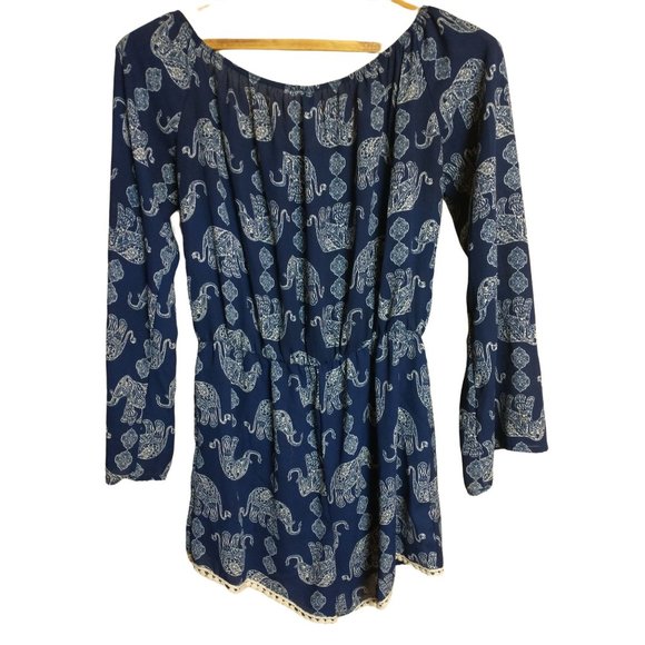 Jesse & J Blue White Elephant Shorts Romper Size Large - Picture 3 of 9